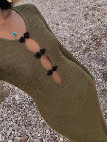 SHEIN Women's Elegant Knit Dress With Hollow-Out Button Design Vacation Olive Green Autumn - Dark Green - View 5