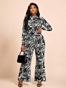 Brilight Women's Casual Sexy Printed Round Neck Long-Sleeved Top + Flared Pants Suit, Simple And Casual, Suitable Night Out Going Out Black And White Autumn - Black - View 3
