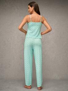 Esseday Conjunto de pijama con camiseta de tirantes con volantes y estampado de lunares y pantalón largo, conjunto de pijama de lunares para mujer, ropa de dormir, conjunto de pijama sin mangas para mujer - Verde - Ver 2
