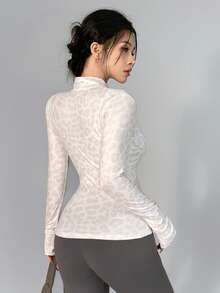 DAZY Women's Autumn Stand Collar Long Sleeve White Leopard Print All-Over Slim Fit Sports Fitness Casual Commute Jacket,Korean Style - White - View 3