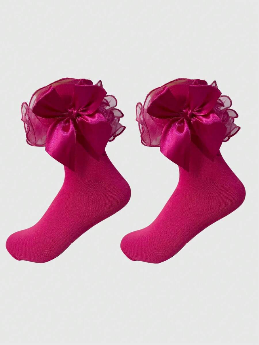 ROMWE Kawaii Calcetines tubo de malla con volantes y lazo en contraste para mujer - Rosa roja B12 - Ver 1