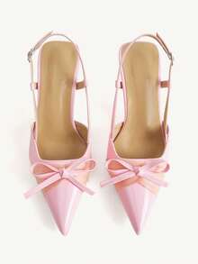 CUCCOO CHICEST French Retro Brown Satin Pointed High Heels Women, Bow Back Empty Stiletto Shoes, Socialite Banquet Shoes Fall Shoes - Pink - View 2