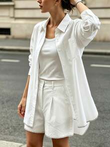 Trelyra Women's Loose Casual Shirt And Shorts 2 Pieces Set Daytime White Autumn - White - View 5