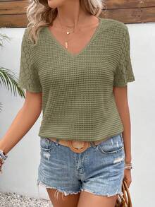 SHEIN Frenchy 女款素色圓領短袖對比蕾絲休閒T恤 - 軍綠色 - 查看 5