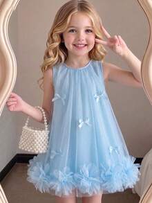SHEIN Elladie kids 女童冬季無袖藍色箔印水滴圖案套頭洋裝，甜美可愛風格，適合海灘婚禮 - 淺藍色 - 查看 2