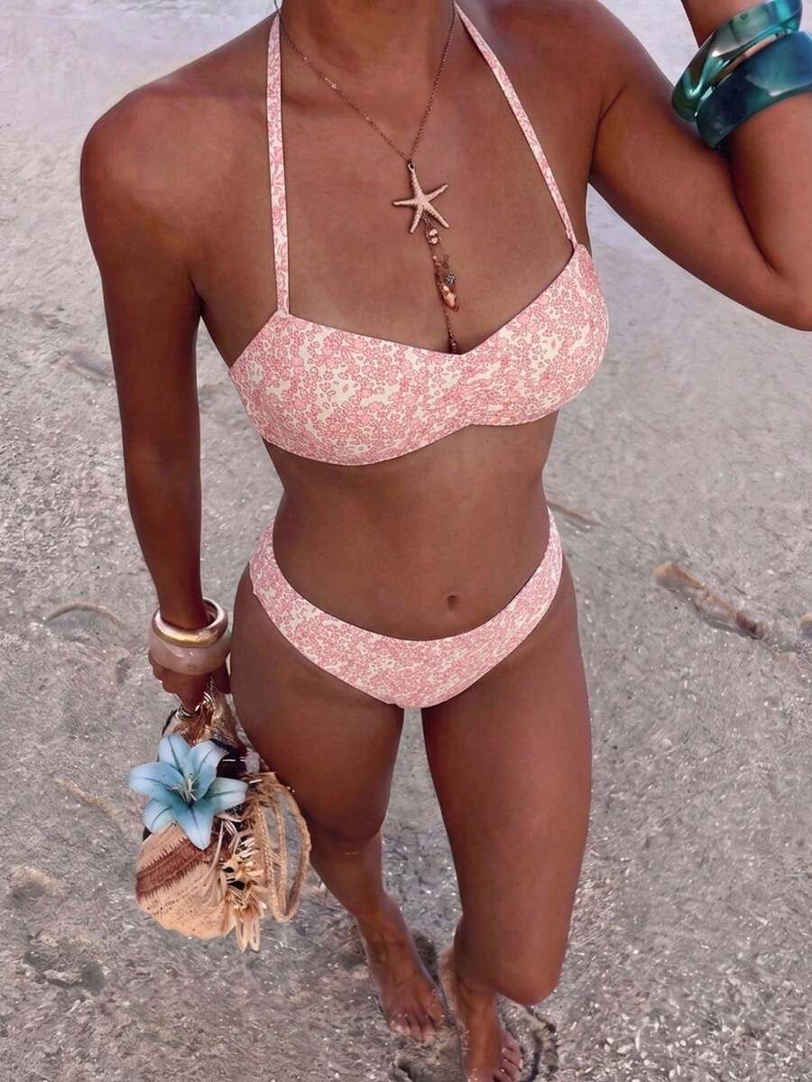 Swim Mod 花卉飾邊可愛熱帶甜美復古休閒度假海灘度假女性泳裝套裝粉色花卉夏季 - 粉色 - 查看 1