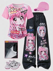 Genkimix Kids 青少年女孩 T-shirt 套裝，秋季、冬季，圖案，返校，學校，萬聖節，假期，休閒，穿搭，寬腿 - 彩色 - 查看 3