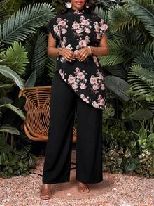 SHEIN Lady 中年女性波點不對稱下擺上衣與寬腿褲套裝 - 彩色 - 查看 5