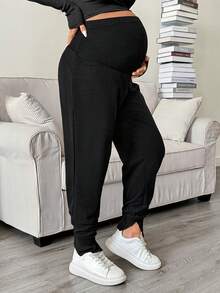 SHEIN Maternity Heart Pattern Adjustable Waist Casual Daily Wear Long Pants - Black - View 4