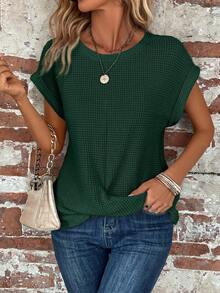 EMERY ROSE Women's Summer Solid Color Round Neck Batwing Sleeve Casual T-Shirt - Dark Green - View 4