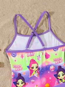 SHEIN 女童 1 件紫色卡通印花連身泳衣附紫色裙襬 - 紫色 - 查看 4