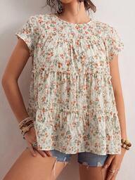 Freevana Casual shirt voor dames in grote maten met kleine bloemenprint, ronde hals, korte mouwen en ruches