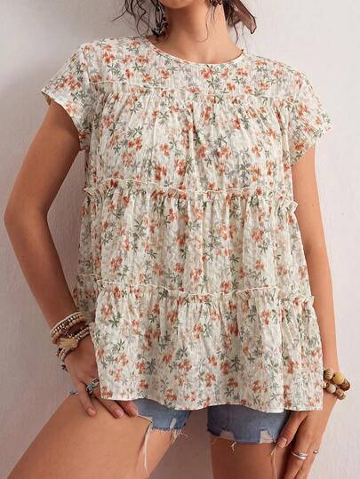 Freevana Plus Size Women's Ditsy Floral Round Neck Short Sleeve Ruffle Trim Casual Boho Bohemian Shirt Vacation Business Beige Summer