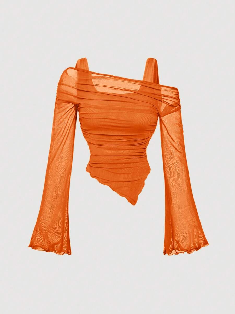 SHEIN MOD Plus Size Orange Plus Size Asymmetric Hem Flared Sleeve T-Shirt,Autumn Classy Night Out Club,Punk Korean Style, Women Basic Tops - Orange - View 1