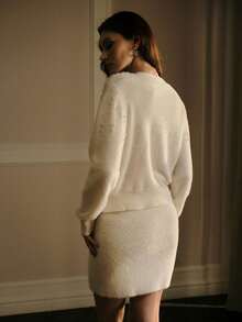 MOTF PREMIUM WOMEN'S WHITE KNIT CARDIGAN & KNIT SKIRT 2 PIECES SET, AUTUMN/WINTER, CASUAL/DATE - White - View 4