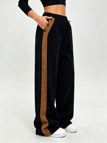 SHEIN LUNE European American Style Elastic Waist Color Block Straight Wide Leg Women's Long Pants Slimming Commute Casual Autumn Winter Active Black Polkadot - Multicolor - View 7