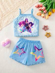 SHEIN 少女卡通女團印花細肩帶上衣與短褲家居服套裝，4款隨機發送 2套 - 彩色 - 查看 7