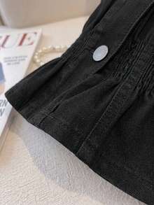 SHEIN MOD Atasan Denim Kasual Harian Wanita Ukuran Plus dengan Kancing Tunggal - Hitam - View 6
