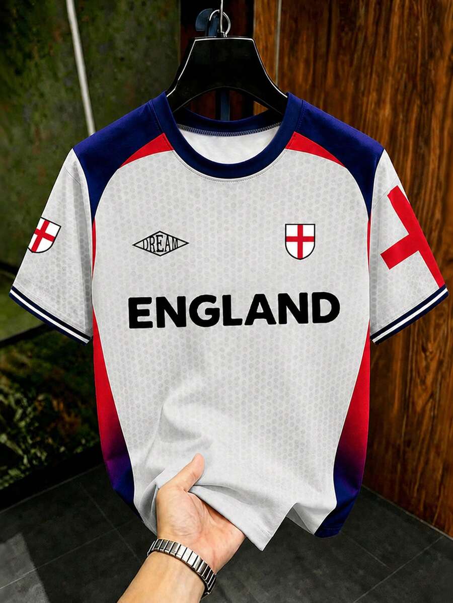 Manfinity Gritte Field Men's Letter Pattern Patchwork Color Casual Daily Football Short Sleeve Top - Multicolor - View 1