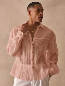 Musero Long Sleeve Oversized Light Weight Collared Sheer Button Through Shirt Top Spring Summer Essentials - Coral Pink - View 1
