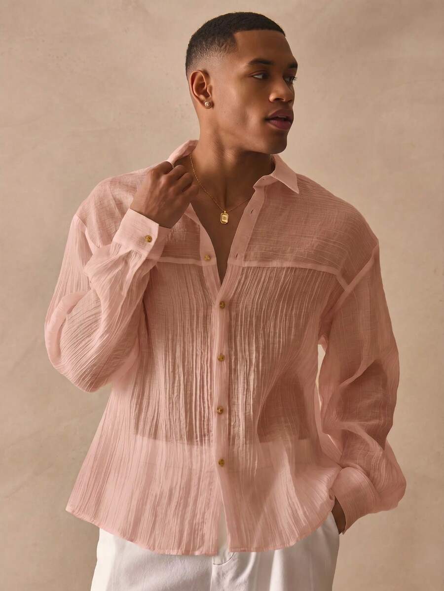 Musero Long Sleeve Oversized Light Weight Collared Sheer Button Through Shirt Top Spring Summer Essentials - Coral Pink - View 1