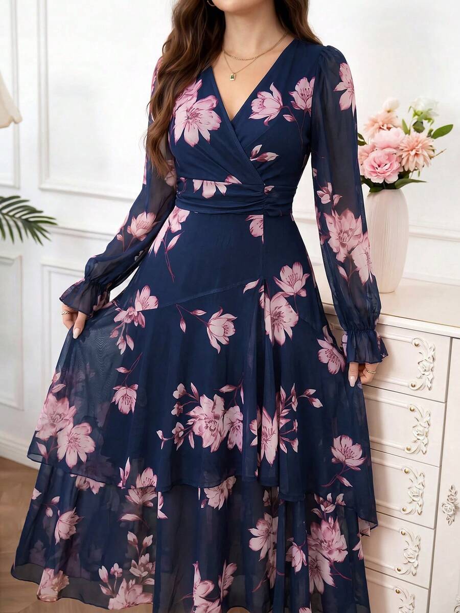 Amorya 女款花卉印花V領百褶休閒浪漫優雅派對長洋裝，適合新娘準備、新娘母親、花園派對、單身女派對、婚禮，海軍藍 - 彩色 - 查看 1