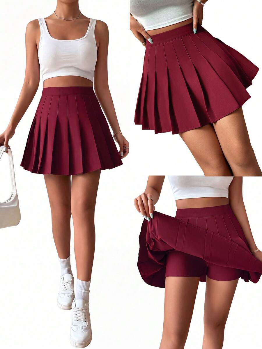 SHEIN PariChic Casual Solid Color Pleated Shorts Skirt For Summer - Burgundy - View 1