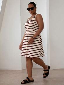 ELLERISSA Plus Size Beige & Red Stripe Round Neck Sleeveless Front Button Waffle Knit Mini Dress - Red - View 4