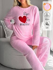 SHEIN Pink Fuzzy Plush Heart Applique Embroidery Long Sleeve Homewear Pajama Set - Pink - View 6
