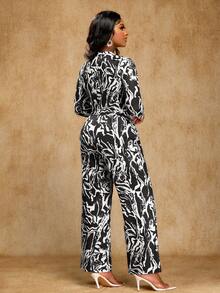 Brilight Women's Casual Sexy Printed Round Neck Long-Sleeved Top + Flared Pants Suit, Simple And Casual, Suitable Night Out Going Out Black And White Autumn - Black - View 2