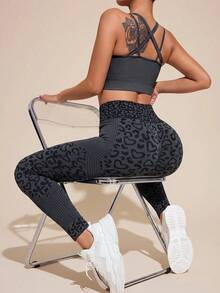 SHEIN Sports Heart Patchwork High Waist Seamless Sports Leggings - Black - View 2