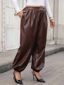 SHEIN Clasi Damen Große Größen einfarbig elastischer Bund PU-Leder lässig Gothic sexy 70er Jahre vielseitig Alltagskleidung lange Hose Herbst Nacht Ausgehen Braun - Braun - Übersicht 1