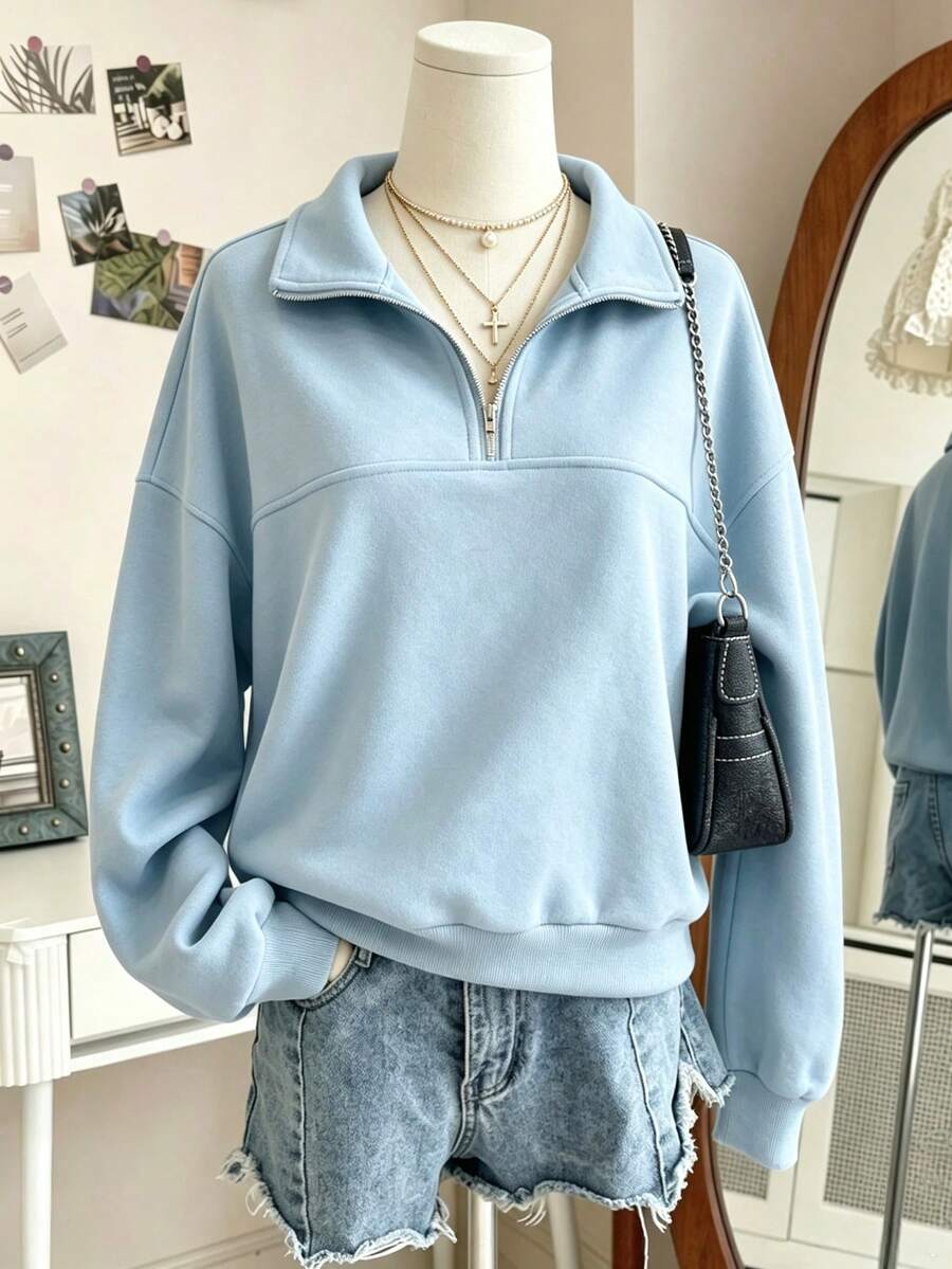 Teen Girl Autumn/Winter Casual Versatile Solid Color Sweatshirt - Baby Blue - View 1
