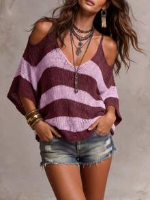 Solivie Women's Fashion Hollow-Out Off-Shoulder Colorblock Sexy Sweater For Vacation - Burgundy - View 2