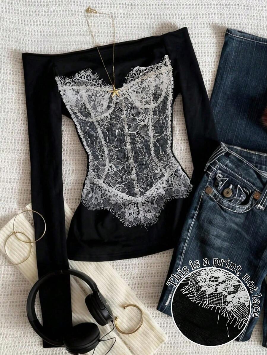 IslaSuriya Lace Graphic Minimalist Off Shoulder Long Sleeve T-Shirt, Gift For Friends - Multicolor - View 1
