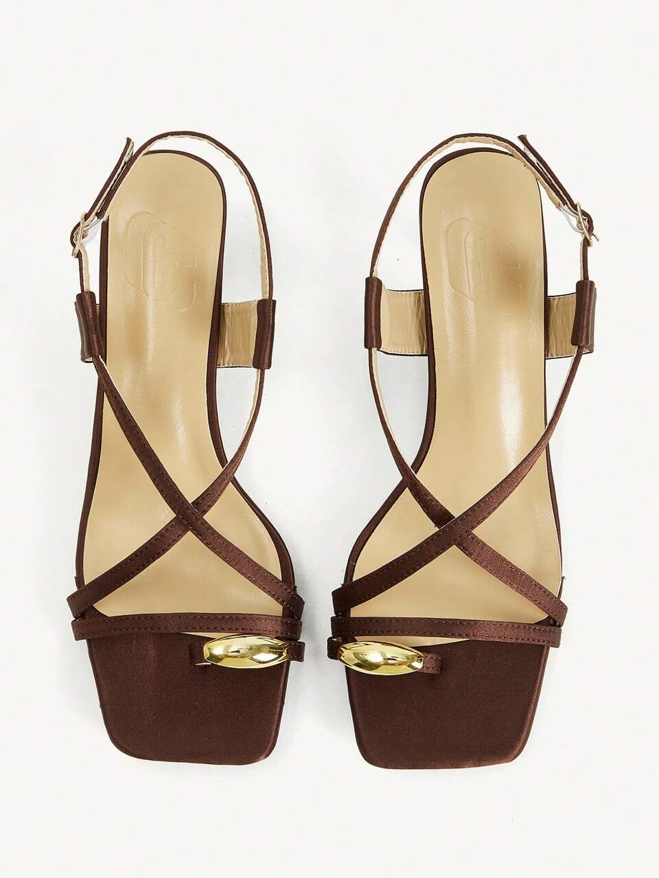 CUCCOO CHICEST Brown Satin Button-Toe High-Heeled Sandals Square Toe Crossed Banquet Temperament Sandals