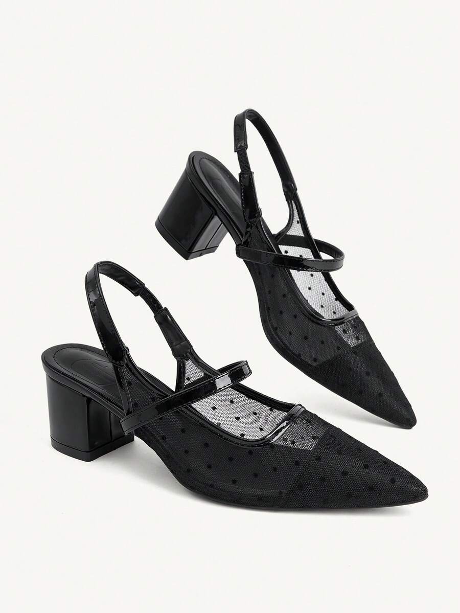 CUCCOO CHICEST Women's Shoes Polka Dot Mesh Pointed Thick Heel Backstrap Elegant Black Versatile Dew And High Heels Dating Wear Fall Shoes - Black - View 1