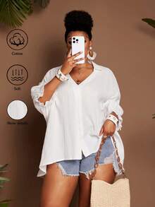 SHEIN CURVE+ Plus Size Elegant Casual Loose White Silky Blouse, Sommar Smart Women's Shirt With Lantern Sleeve Turndown Collar, Simple Vacation Business Summer - White - View 3