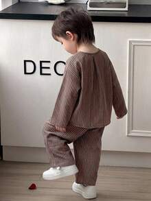 DAZY Baby Boy Striped Button Long Sleeve Shirt And Pants Set Toddler - Coffee Brown - View 2