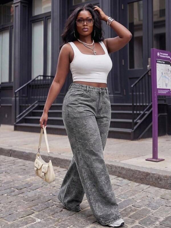 Slaydiva MOD Plus Size Solid Color Patch Pocket Casual 90s Goth Versatile Loose Wide Leg Baggy Jeans Low Rise Y2k Christmas Pants Going Out White Winter