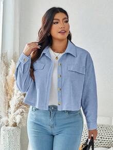 SHEIN LUNE Plus Size Casual Smart Casual Versatile Solid Color Cropped Jacket Office Fall - Baby Blue - View 5