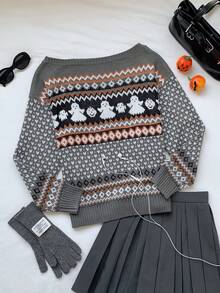 Comfortcana Women's Christmas Ghost Geometric Pattern Knit Top - Multicolor - View 7