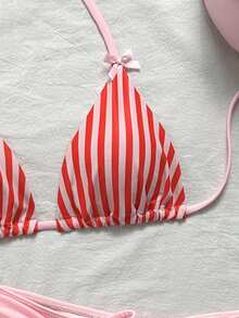 Swim Mod 女款春夏新款波點印花蝴蝶結裝飾V領掛脖露背三角比基尼套裝，含綁帶三角比基尼褲與低腰比基尼褲，3件組 - 彩色 - 查看 8