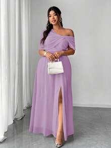 SHEIN PETITE CURVE 大码女式优雅浪漫婚礼宾客礼服，轻盈正式礼服，雪纺单肩开衩连衣裙 - 淡紫色 - 查看 7