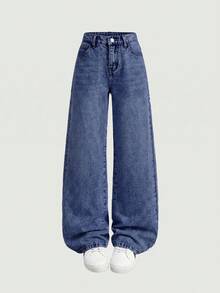 SHEIN Girlism Tween女孩休閒日常牛仔長褲，附口袋與鈕扣 - 深色水洗藍 - 查看 1