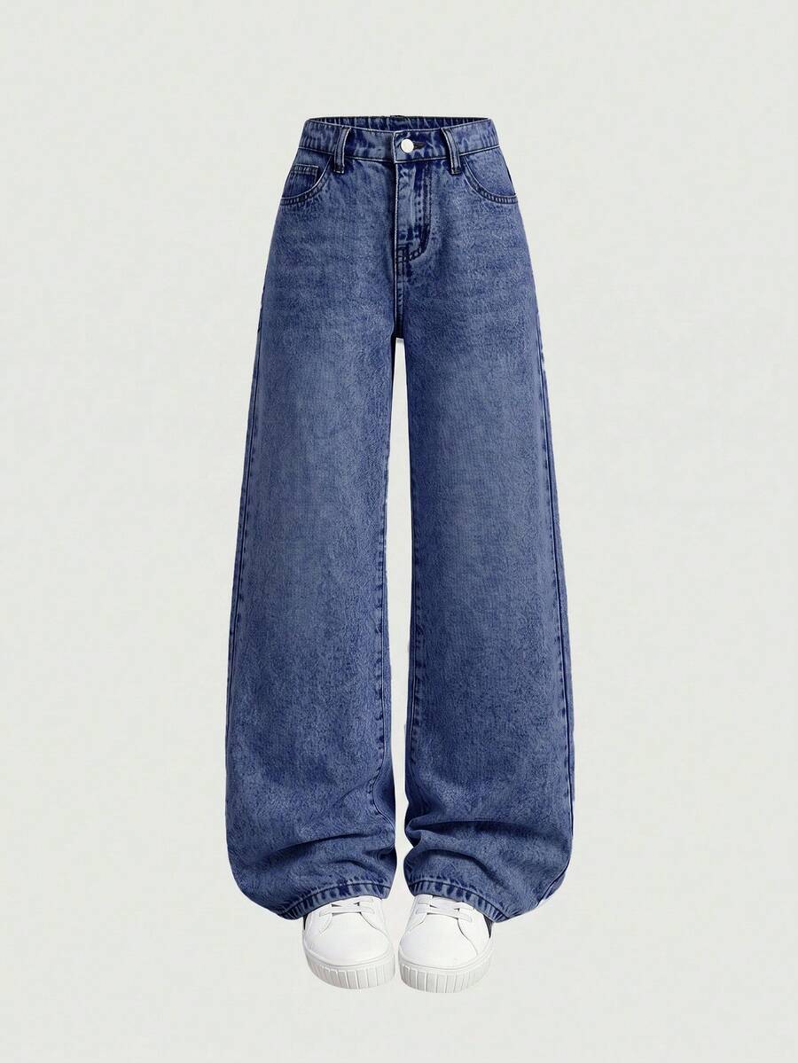 SHEIN Girlism Tween女孩休閒日常牛仔長褲,附口袋與鈕扣 - 深色水洗藍 - 查看 1