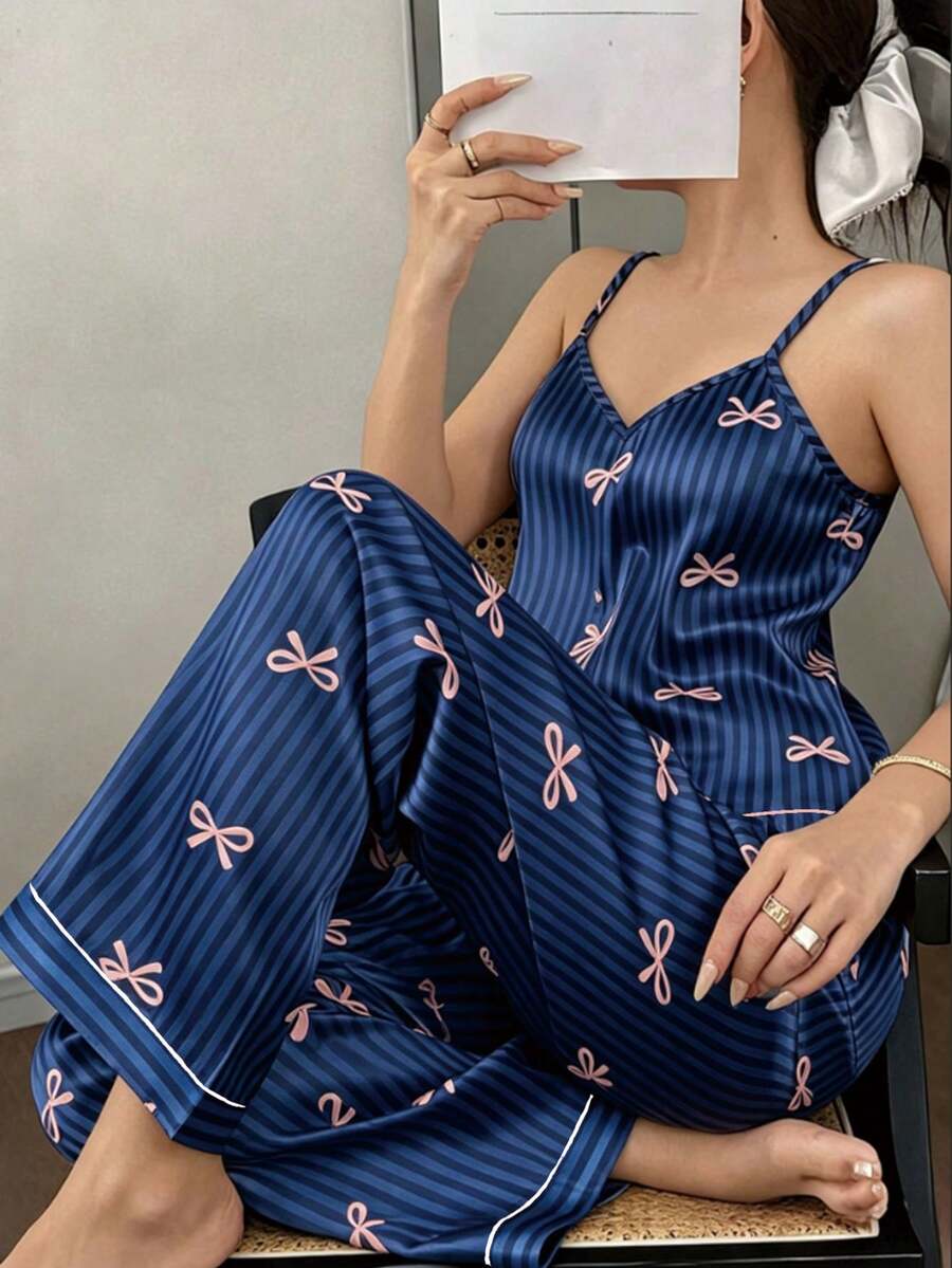 SHEIN 女款蝴蝶結條紋印花仿絲綢細肩帶背心與長褲睡衣套裝 - 藏蓝色 - 查看 1
