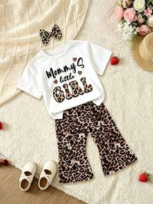 (Random 3 Sets,Send 1 Set)Baby Girl Leopard Print Letter Heart Bow Rabbit Flower Stripe Pattern Basic Daily Short T-Shirt & Flared Pants 2-Piece Set, All Season Wear - Multicolor - View 4