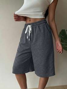 SHEIN EZwear 女士深灰色针织休闲宽松百慕大短裤，夏季 - 深灰色 - 查看 4