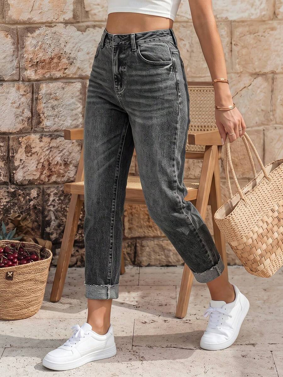 Flexra Women's High Waist Pocket Casual Versatile Commute Jeans - Dark Grey - View 1
